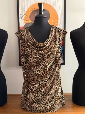 Leopard Print Cowl Neck Sleeveless Top - Brown